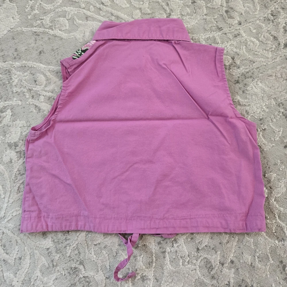 Vintage Y2k (2000) Barbie Fuschia Purple Sleeveless Top with Green Floral Design